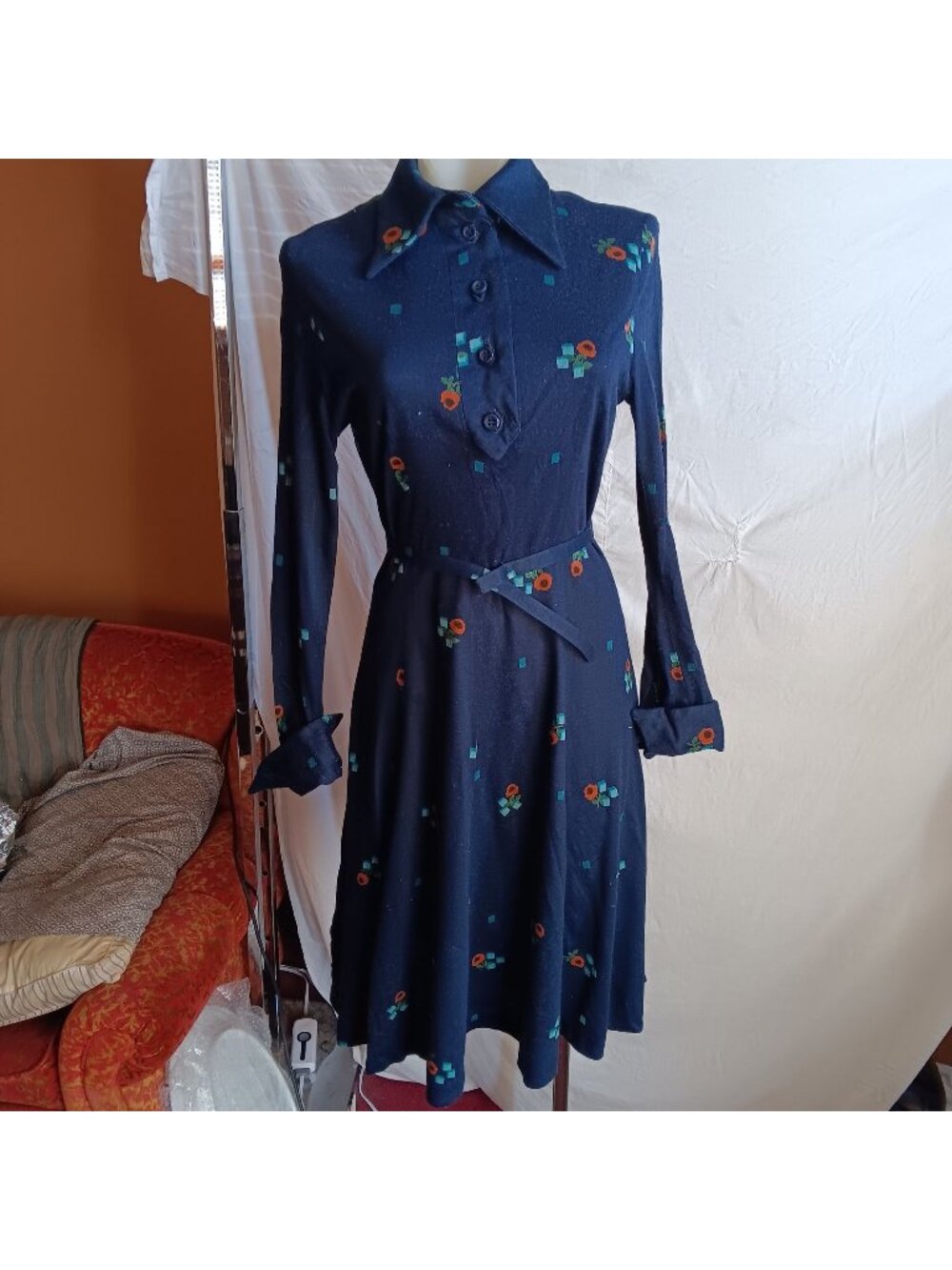 True Vintage Dress sz 8 David Crystal LaCoste 70's Disco Mod Knit Belted Boho